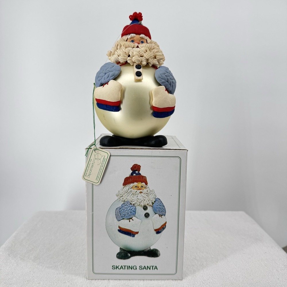 Vintage Department 56 Ice Skating Santa Ornament Knit Cap Holiday Christmas‎
